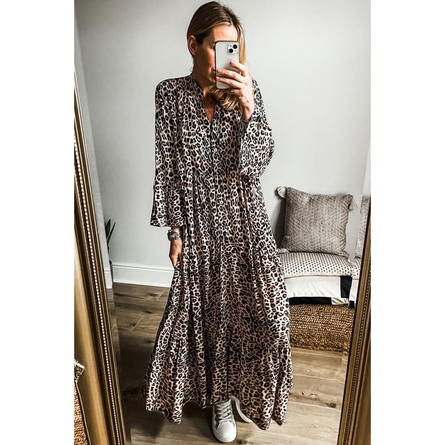 Leopard Notched Long Sleeve Maxi Dress Apparel and Accessories