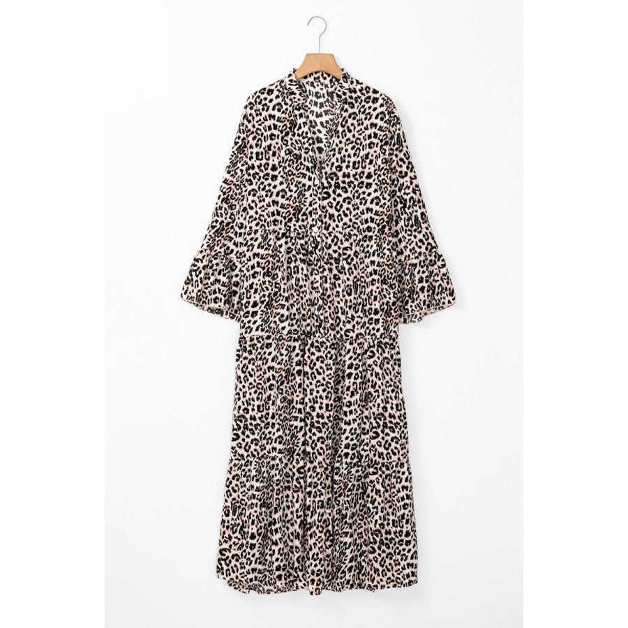 Leopard Notched Long Sleeve Maxi Dress Apparel and Accessories