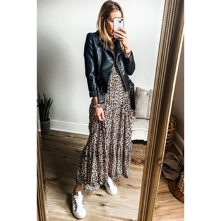 Leopard Notched Long Sleeve Maxi Dress Apparel and Accessories