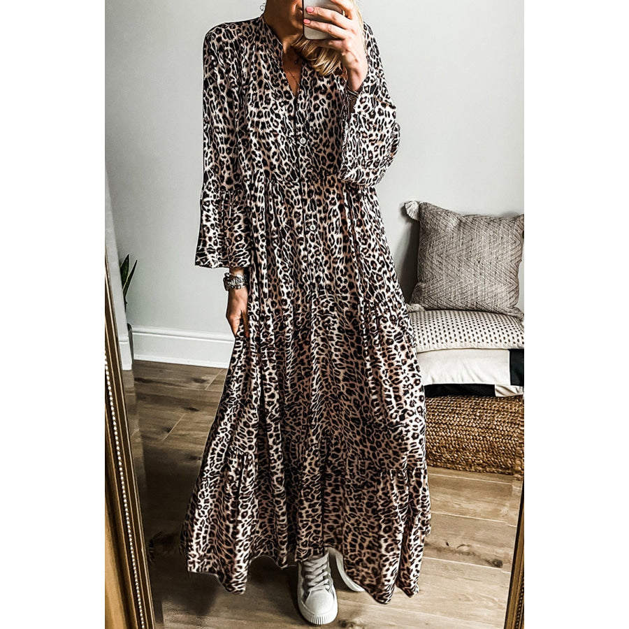 Leopard Notched Long Sleeve Maxi Dress Leopard / (US 4-6)S Apparel and Accessories