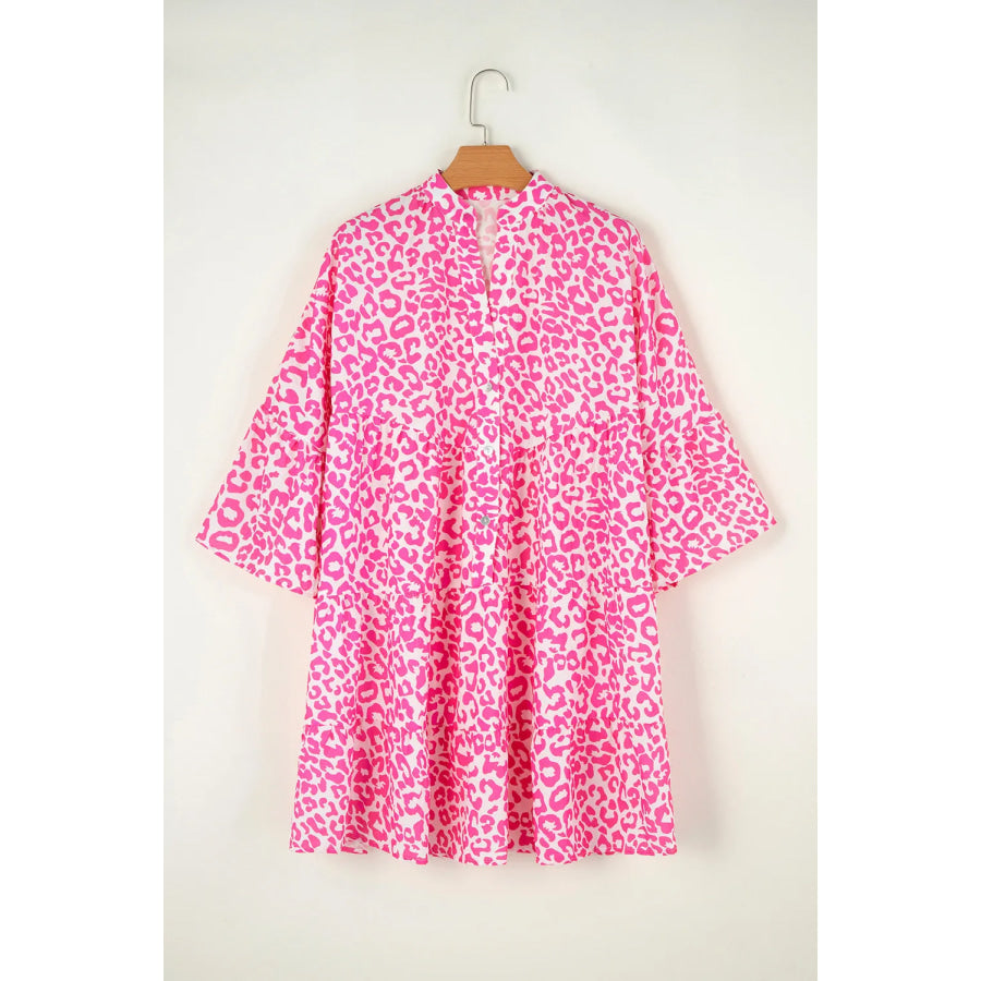 Leopard Notched Long Sleeve Mini Dress Fuchsia Pink / S Apparel and Accessories