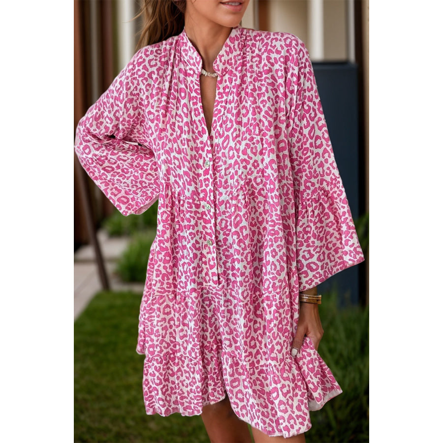 Leopard Notched Long Sleeve Mini Dress Fuchsia Pink / S Apparel and Accessories