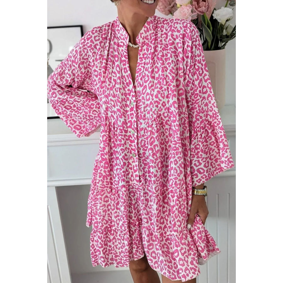 Leopard Notched Long Sleeve Shirt Dress Hot Pink / S Apparel and Accessories