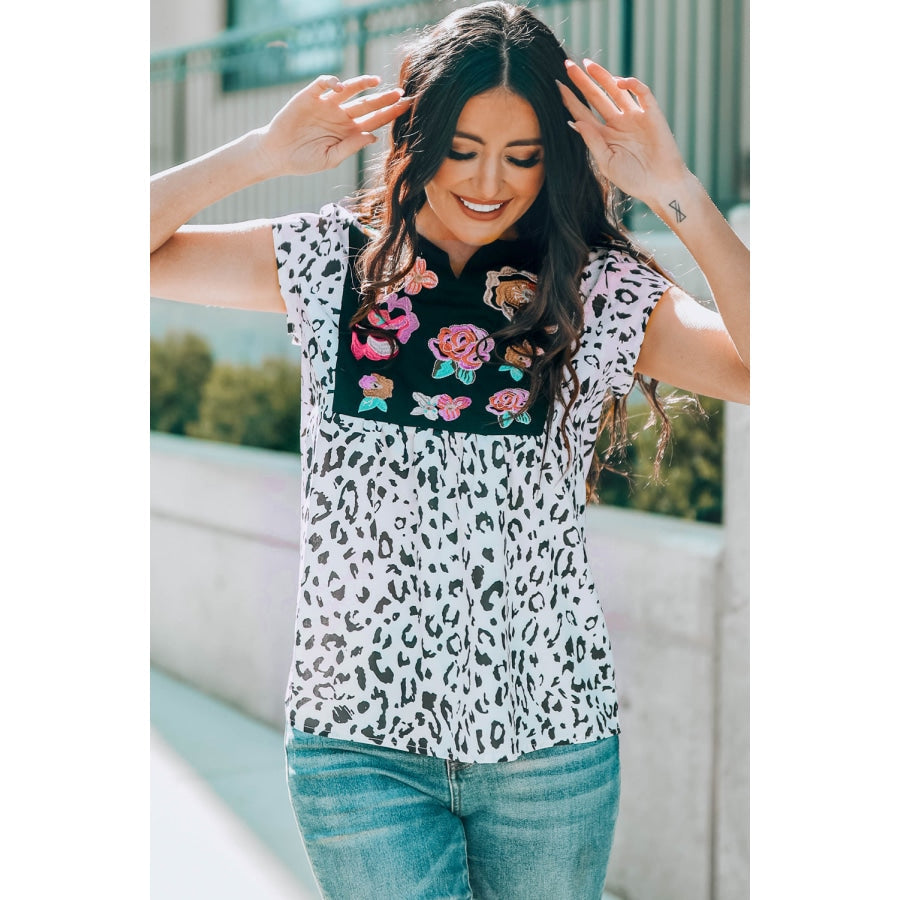 Leopard Notched Neck Short Sleeve Tee