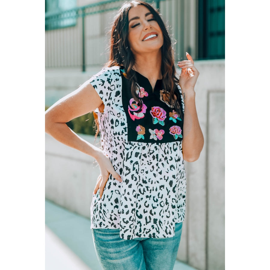 Leopard Notched Neck Short Sleeve Tee