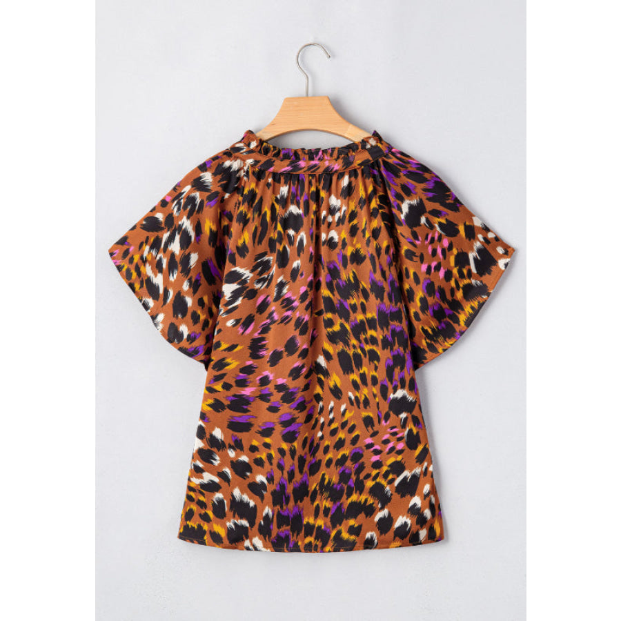 Leopard Notched Short Sleeve Blouse Apparel and Accessories