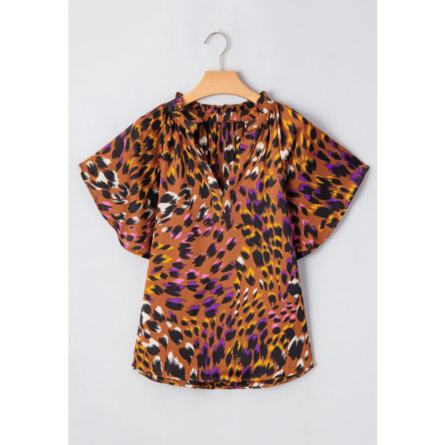 Leopard Notched Short Sleeve Blouse Apparel and Accessories