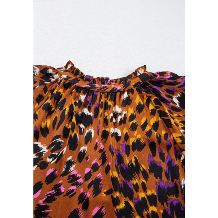 Leopard Notched Short Sleeve Blouse Apparel and Accessories