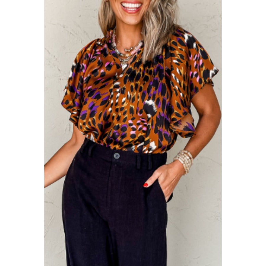 Leopard Notched Short Sleeve Blouse Apparel and Accessories