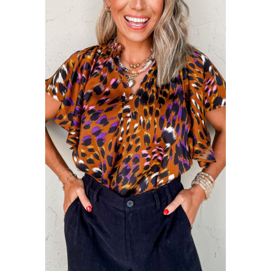 Leopard Notched Short Sleeve Blouse Apparel and Accessories