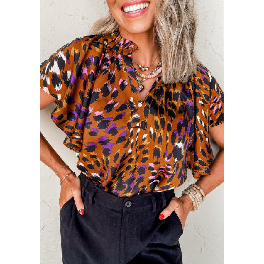 Leopard Notched Short Sleeve Blouse Leopard / S Apparel and Accessories