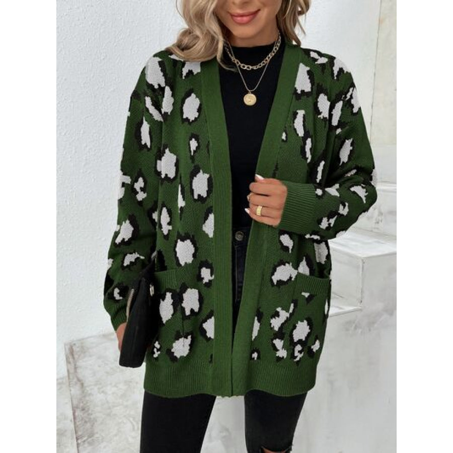 Leopard Open Front Dropped Shoulder Cardigan Army Green / S Clothing