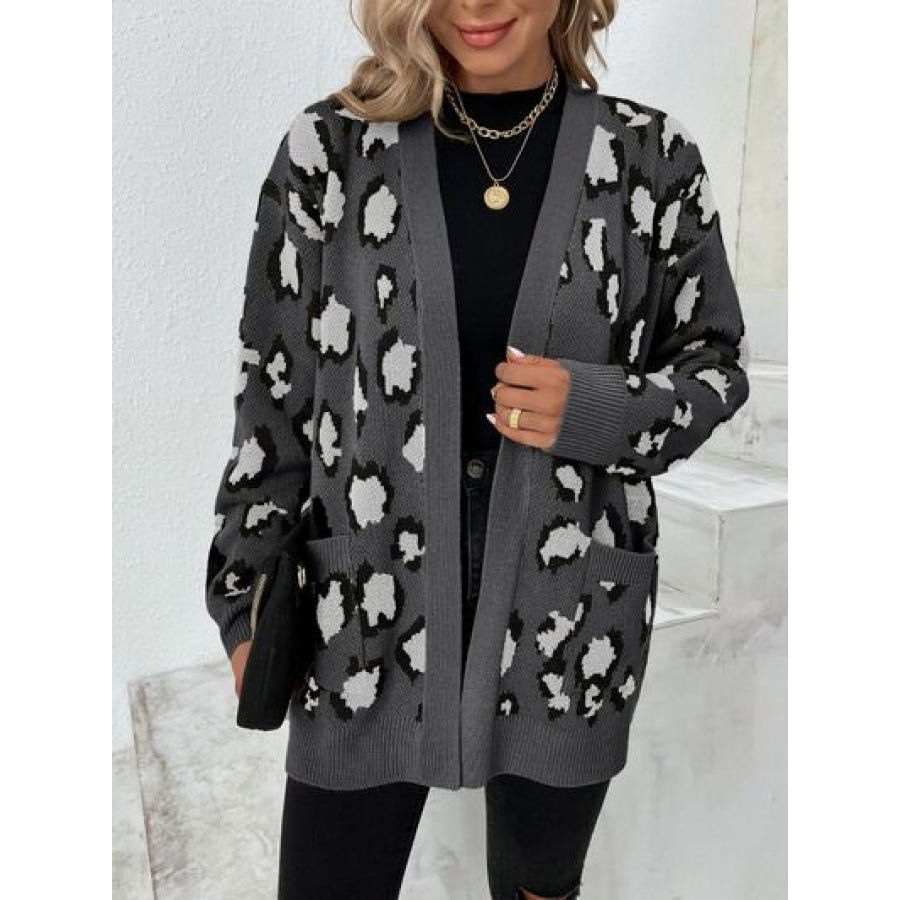 Leopard Open Front Dropped Shoulder Cardigan Charcoal / S Clothing