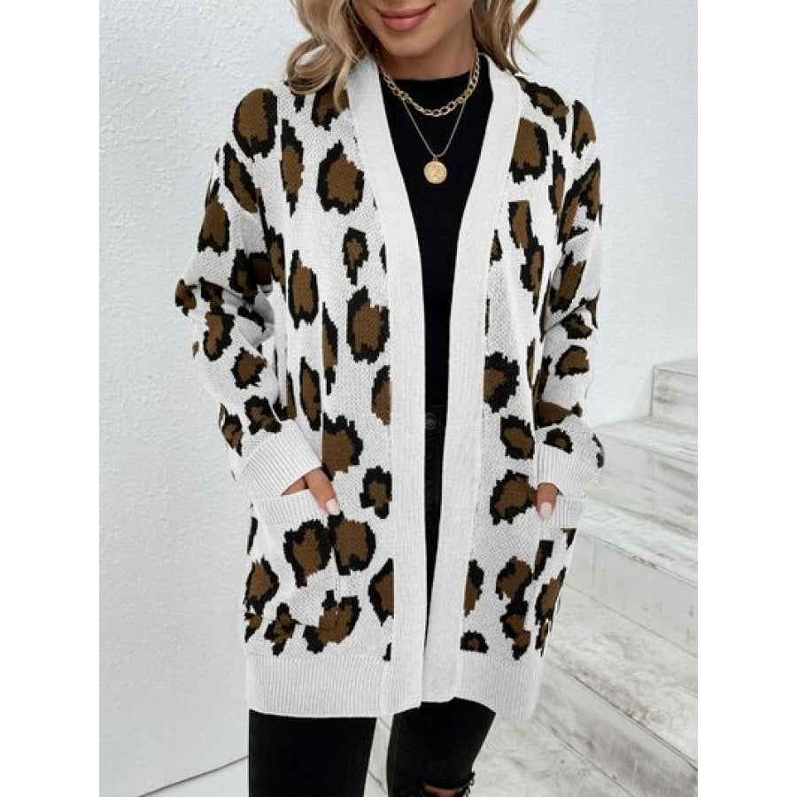 Leopard Open Front Dropped Shoulder Cardigan Clothing