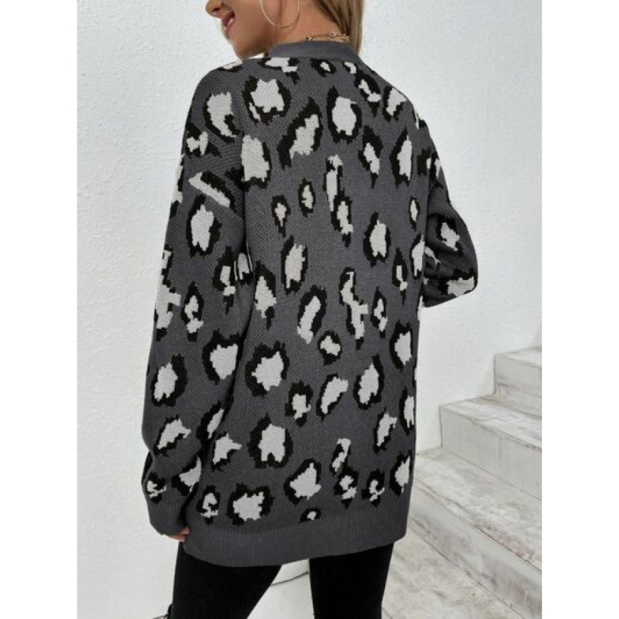 Leopard Open Front Dropped Shoulder Cardigan Clothing