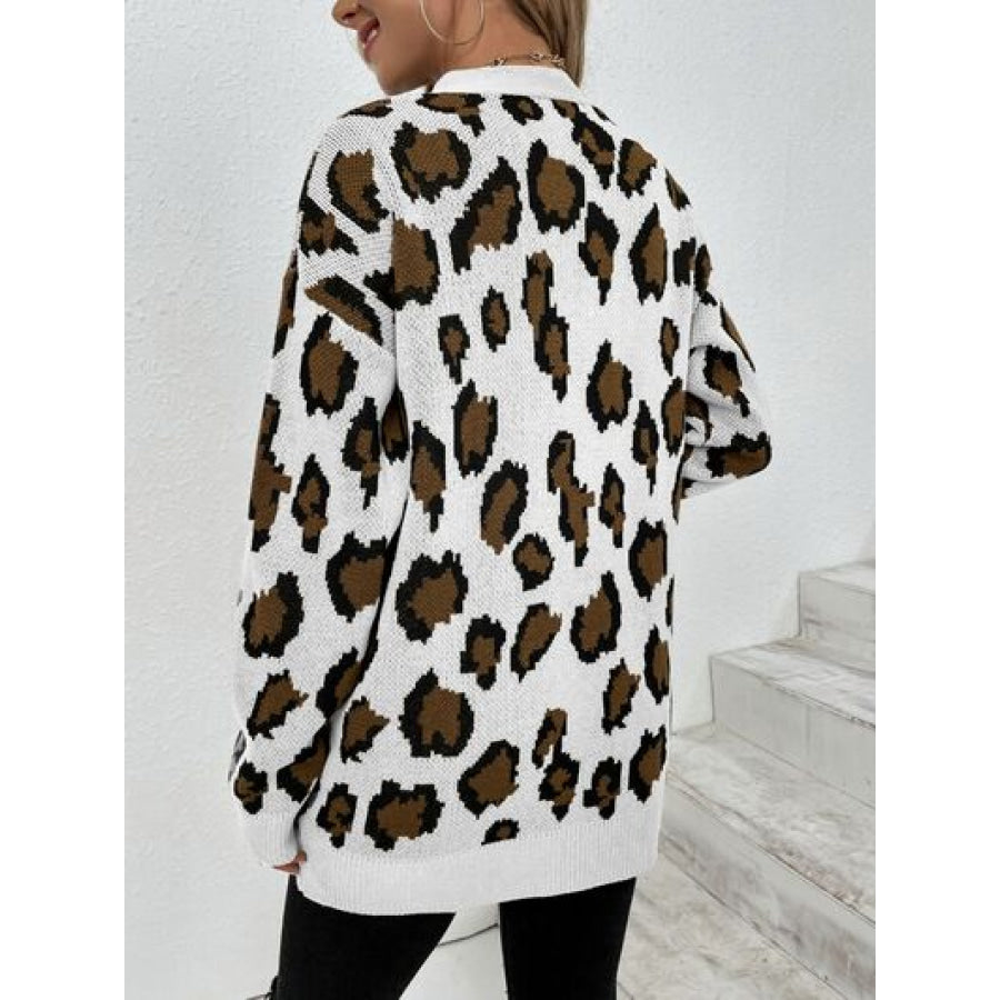 Leopard Open Front Dropped Shoulder Cardigan Clothing