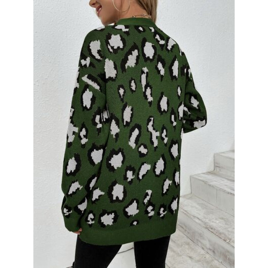 Leopard Open Front Dropped Shoulder Cardigan Clothing