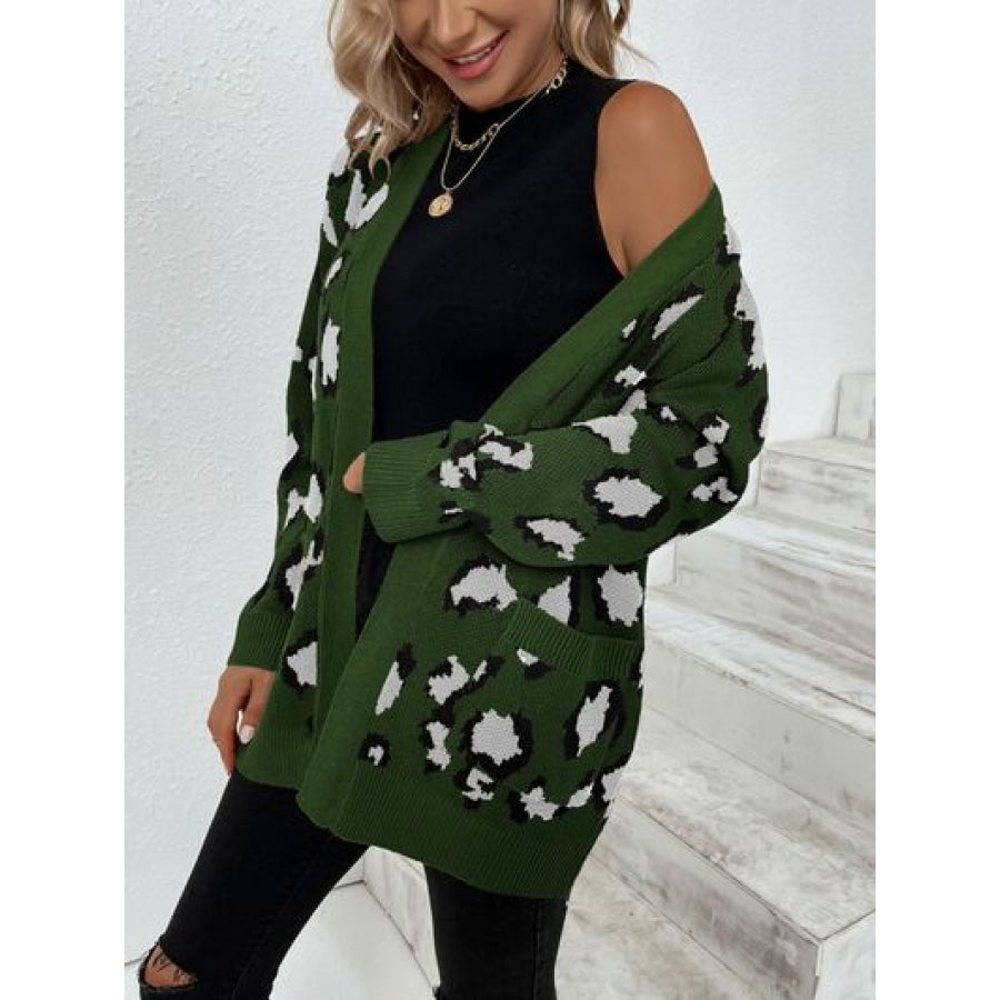 Leopard Open Front Dropped Shoulder Cardigan Clothing