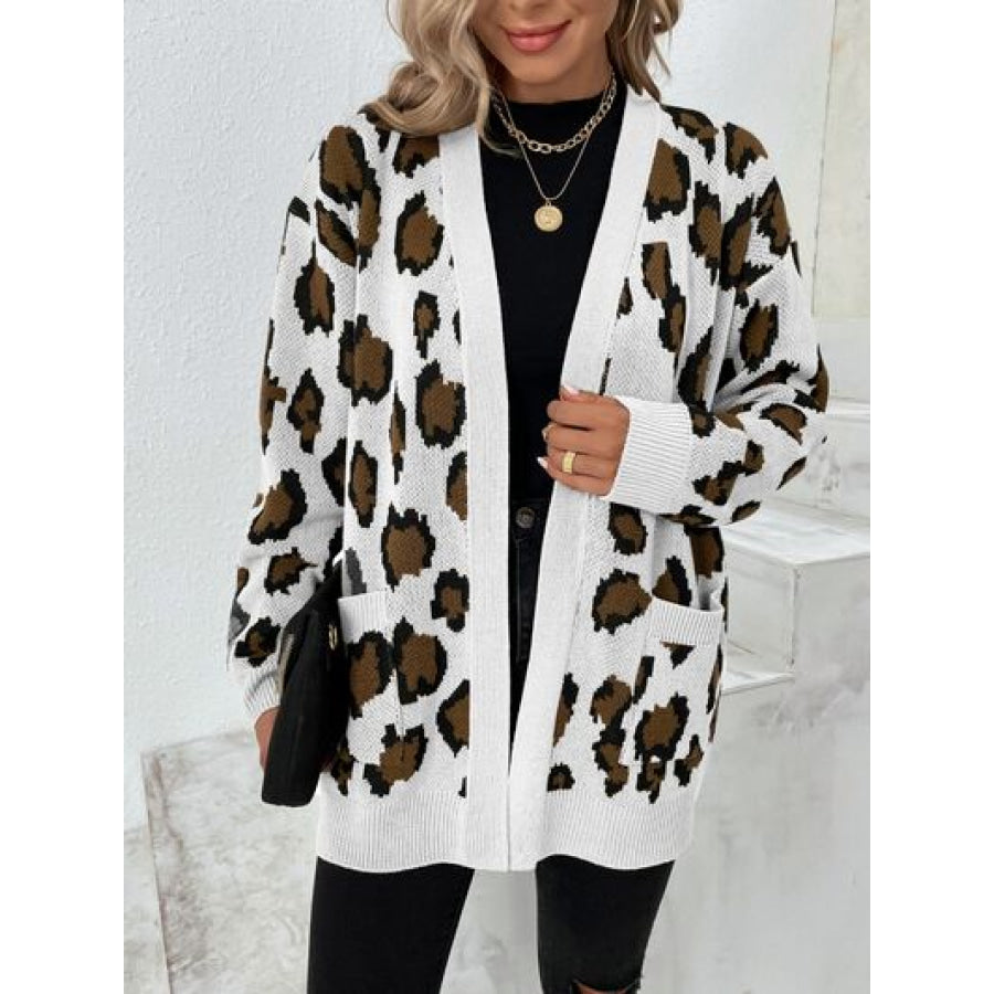 Leopard Open Front Dropped Shoulder Cardigan White / S Clothing