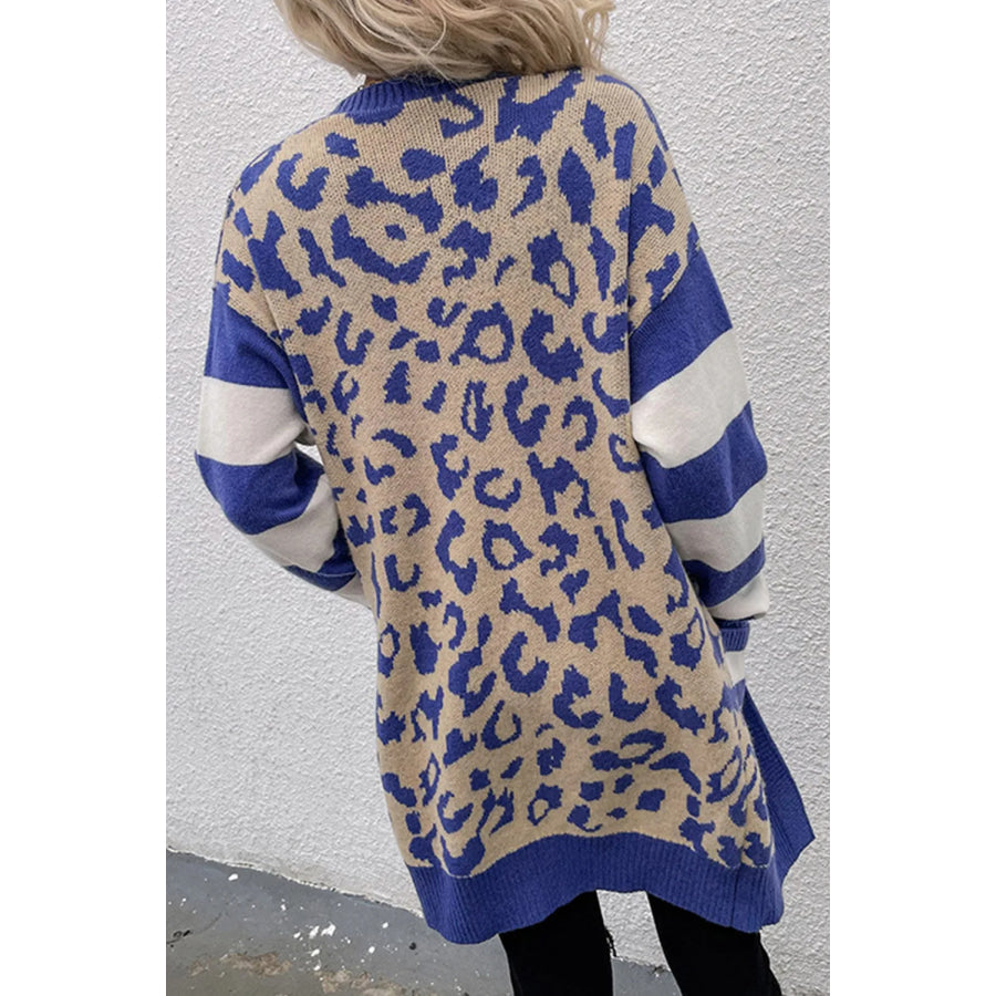 Leopard Open Front Long Sleeve Cardigan Royal Blue / S Apparel and Accessories