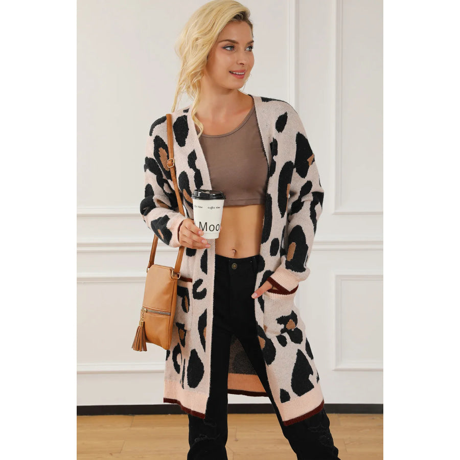 Leopard Open Front Long Sleeve Cardigan Apparel and Accessories