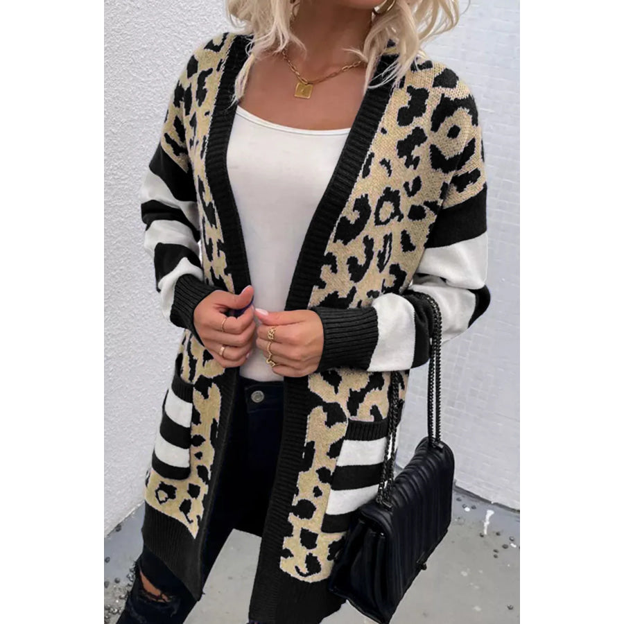 Leopard Open Front Long Sleeve Cardigan Black / L Apparel and Accessories