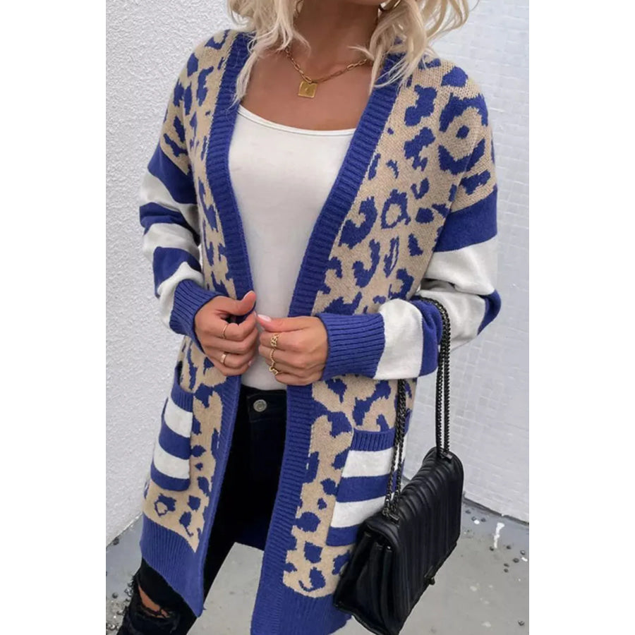 Leopard Open Front Long Sleeve Cardigan Royal Blue / S Apparel and Accessories