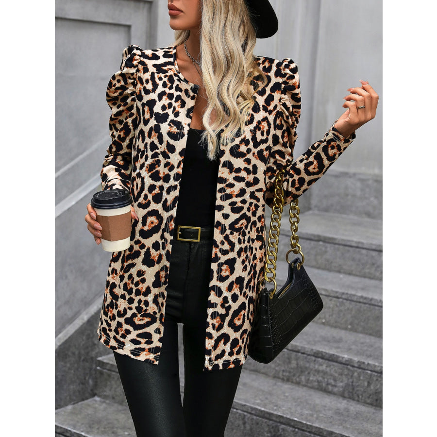 Leopard Open Front Puff Sleeve Jacket Apparel and Accessories