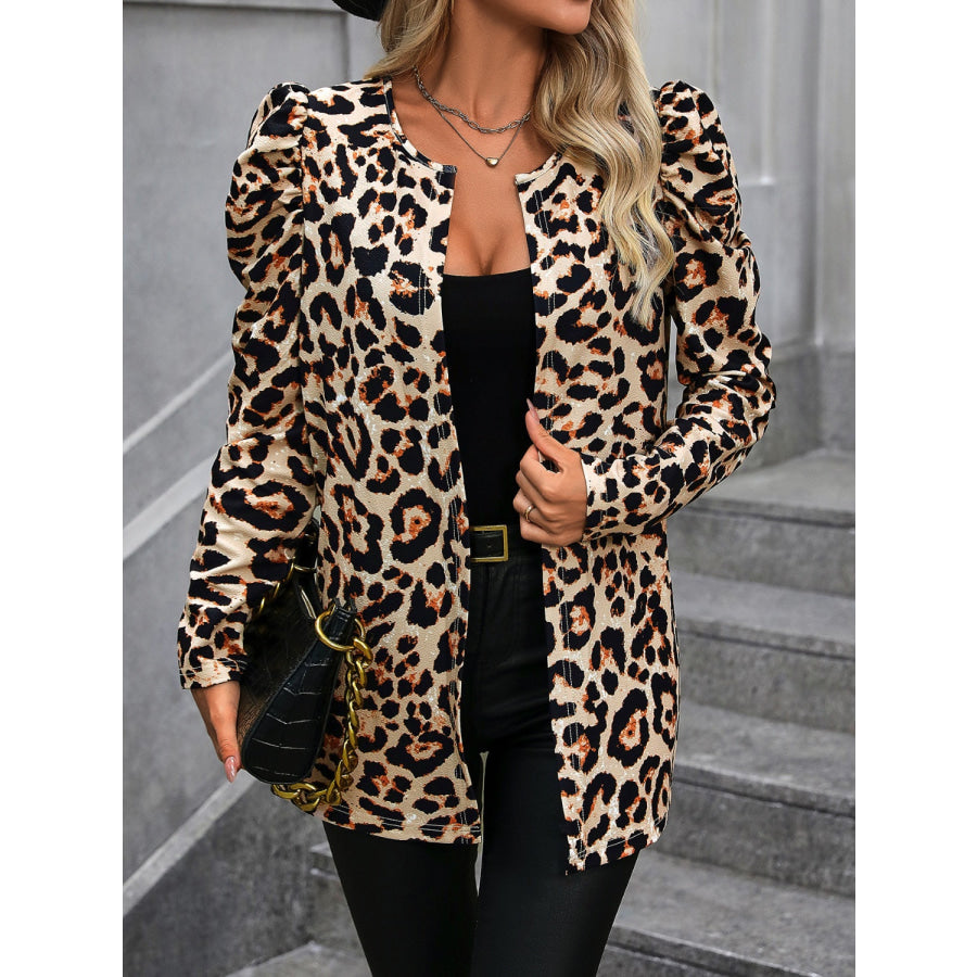 Leopard Open Front Puff Sleeve Jacket Apparel and Accessories