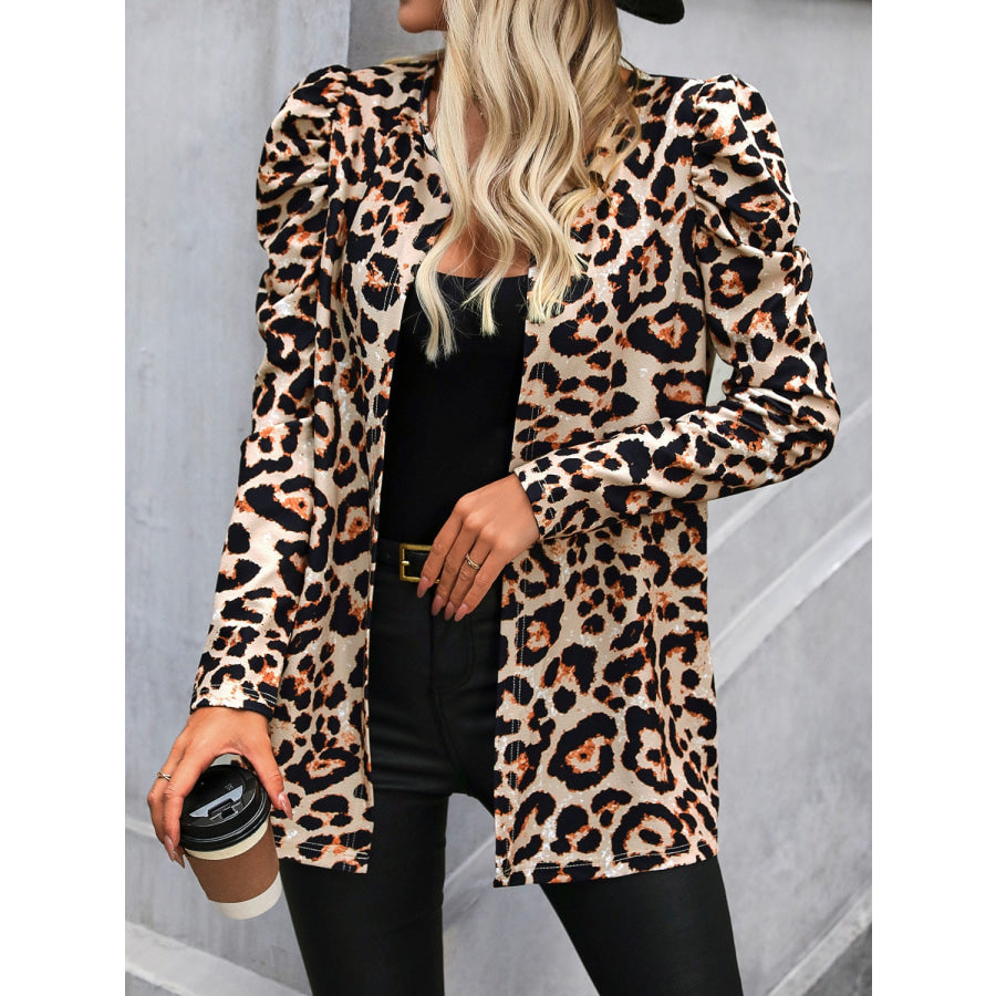 Leopard Open Front Puff Sleeve Jacket Apparel and Accessories