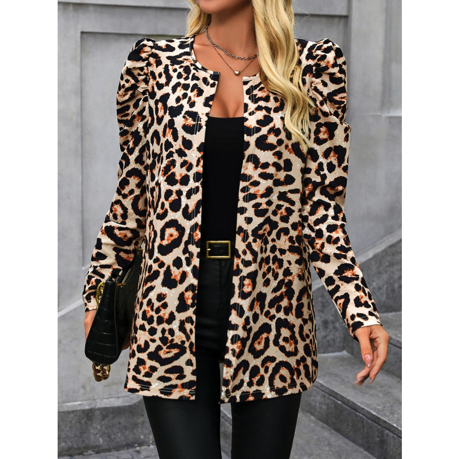 Leopard Open Front Puff Sleeve Jacket Apparel and Accessories