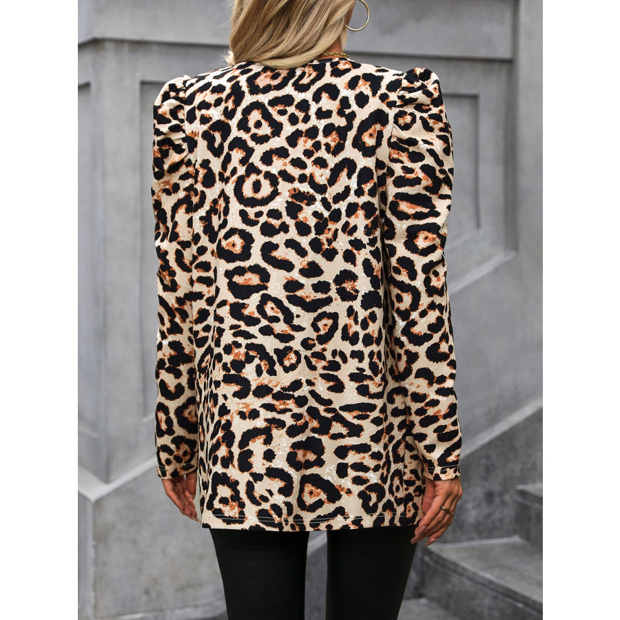 Leopard Open Front Puff Sleeve Jacket Apparel and Accessories