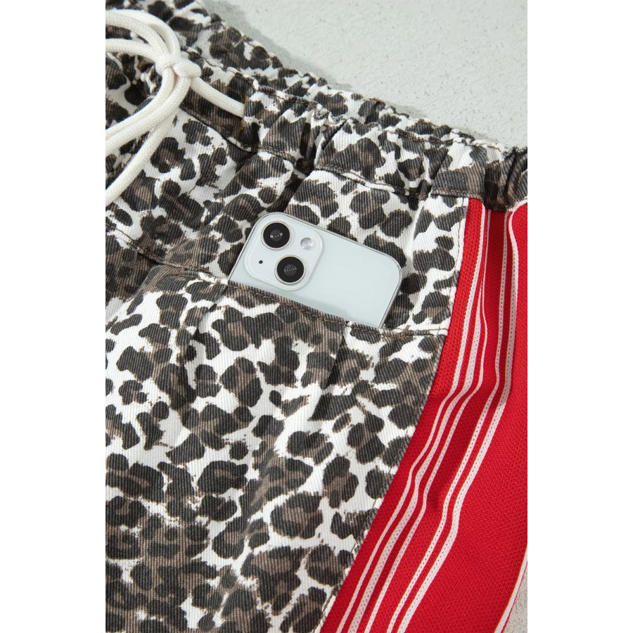 Leopard Patchwork Elastic Waist Jeans Apparel and Accessories