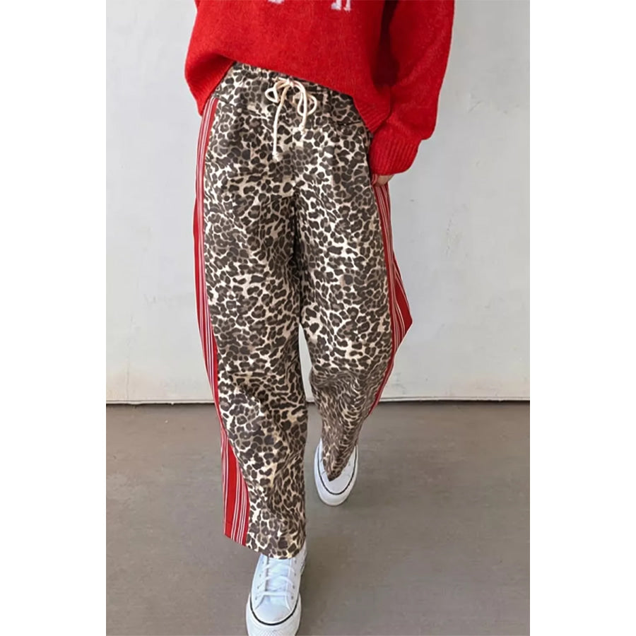 Leopard Patchwork Elastic Waist Jeans Apparel and Accessories