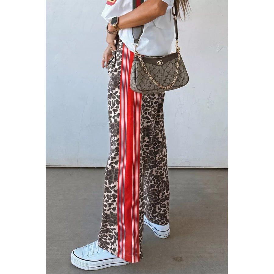 Leopard Patchwork Elastic Waist Jeans Apparel and Accessories