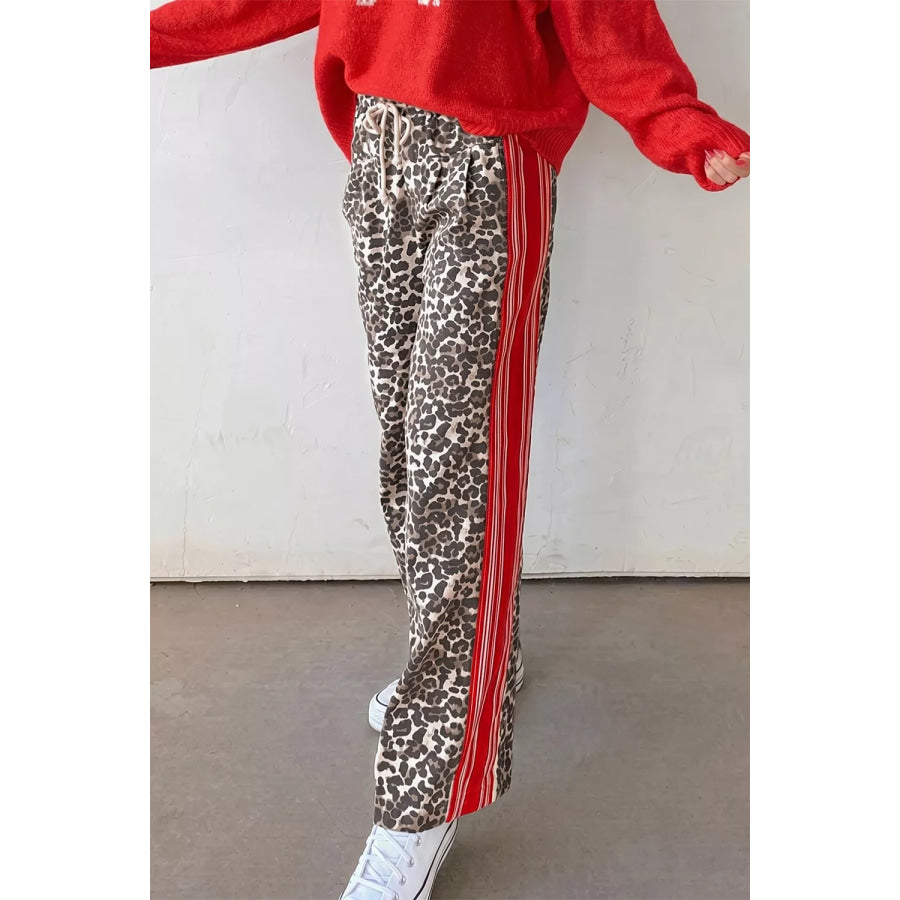 Leopard Patchwork Elastic Waist Jeans Apparel and Accessories