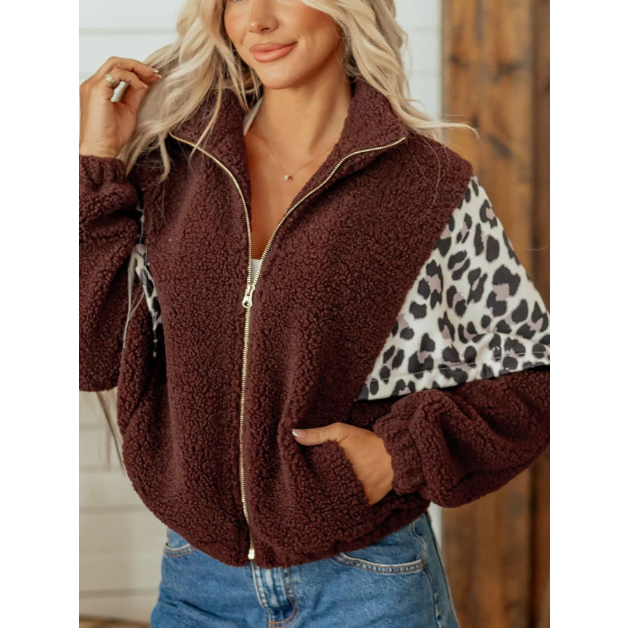 Leopard Patchwork Fleece Western Style Zip-up Collar Jacket Apparel and Accessories