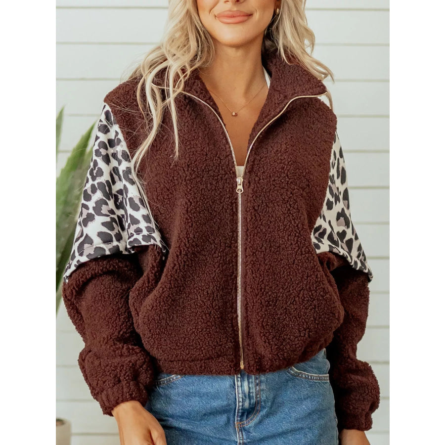 Leopard Patchwork Fleece Western Style Zip-up Collar Jacket Apparel and Accessories