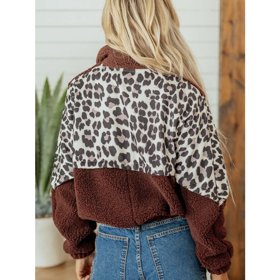 Leopard Patchwork Fleece Western Style Zip-up Collar Jacket Apparel and Accessories