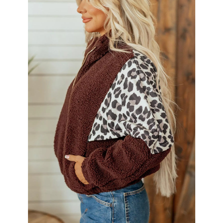 Leopard Patchwork Fleece Western Style Zip-up Collar Jacket Apparel and Accessories