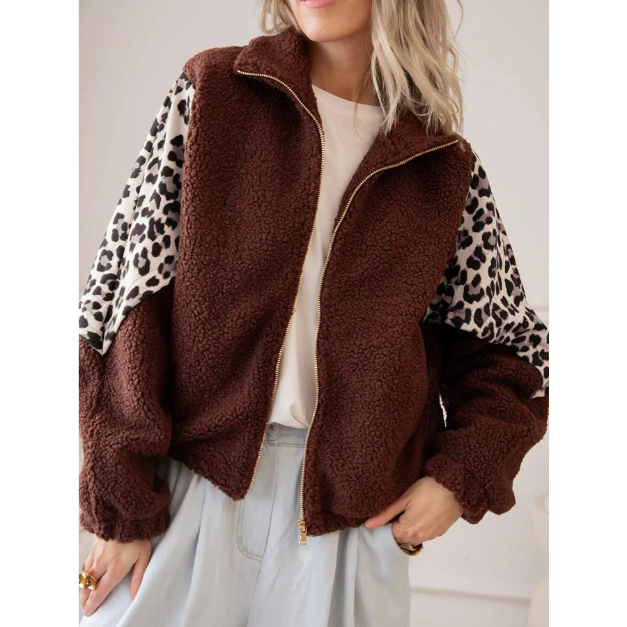 Leopard Patchwork Fleece Western Style Zip-up Collar Jacket Apparel and Accessories