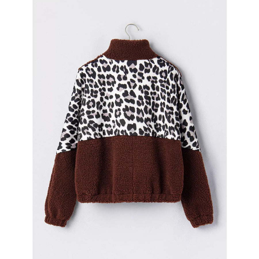 Leopard Patchwork Fleece Western Style Zip-up Collar Jacket Apparel and Accessories