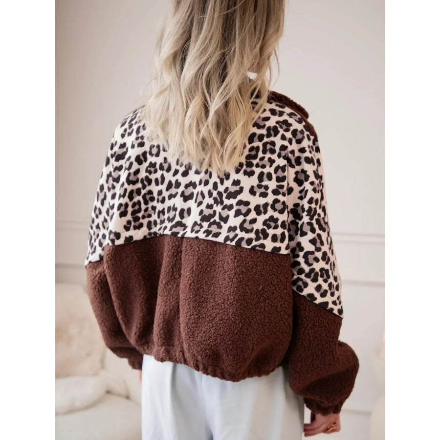 Leopard Patchwork Fleece Western Style Zip-up Collar Jacket Apparel and Accessories