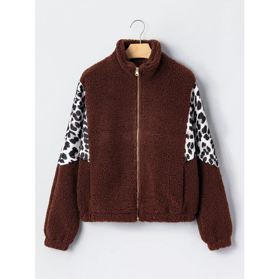 Leopard Patchwork Fleece Western Style Zip-up Collar Jacket Apparel and Accessories