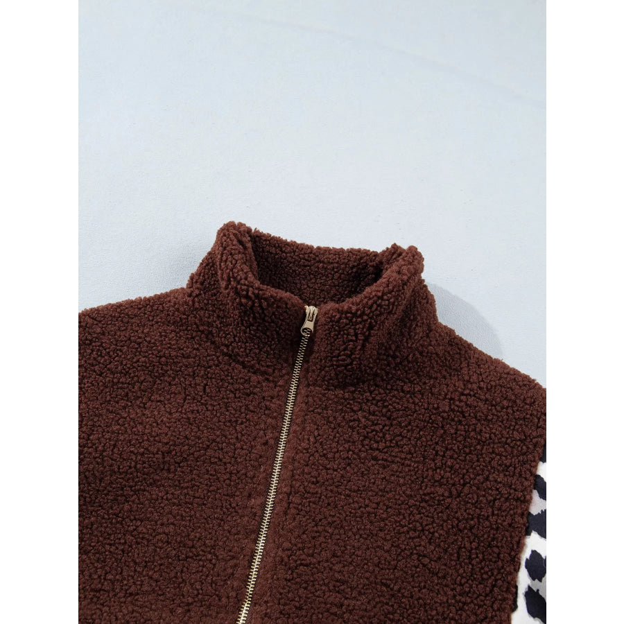 Leopard Patchwork Fleece Western Style Zip-up Collar Jacket Apparel and Accessories