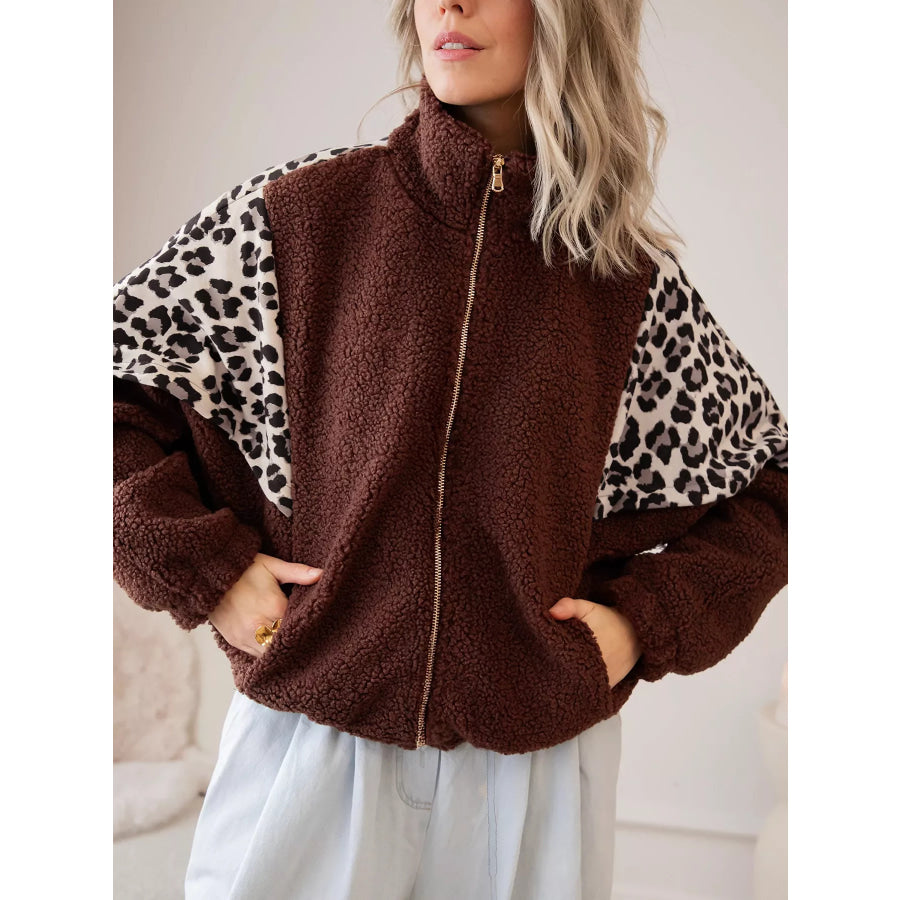 Leopard Patchwork Fleece Western Style Zip-up Collar Jacket Apparel and Accessories