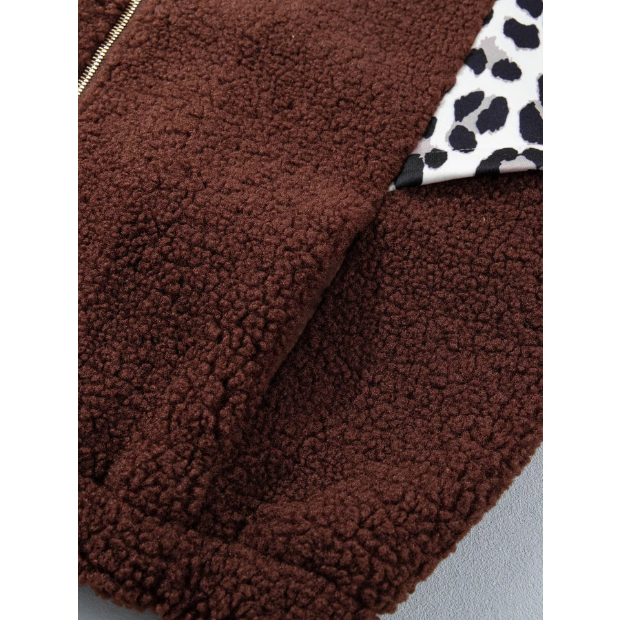 Leopard Patchwork Fleece Western Style Zip-up Collar Jacket Apparel and Accessories