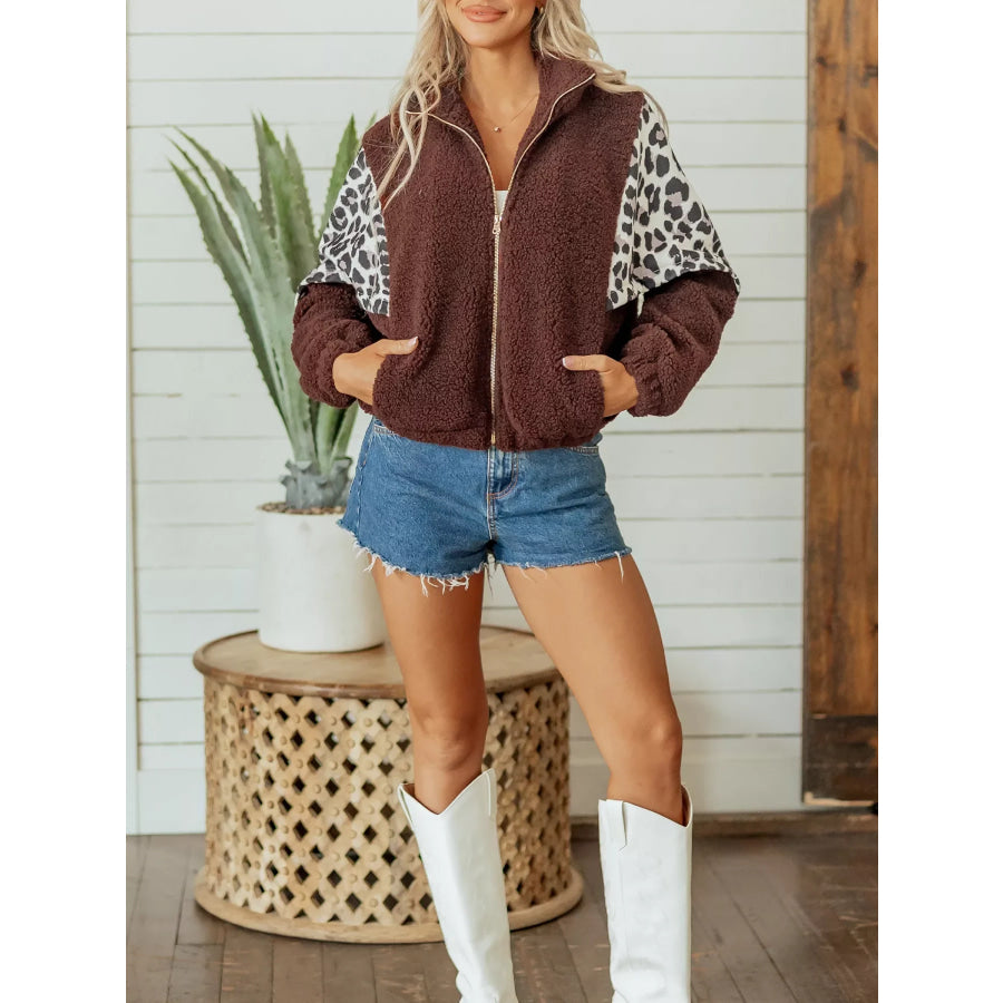 Leopard Patchwork Fleece Western Style Zip-up Collar Jacket Apparel and Accessories