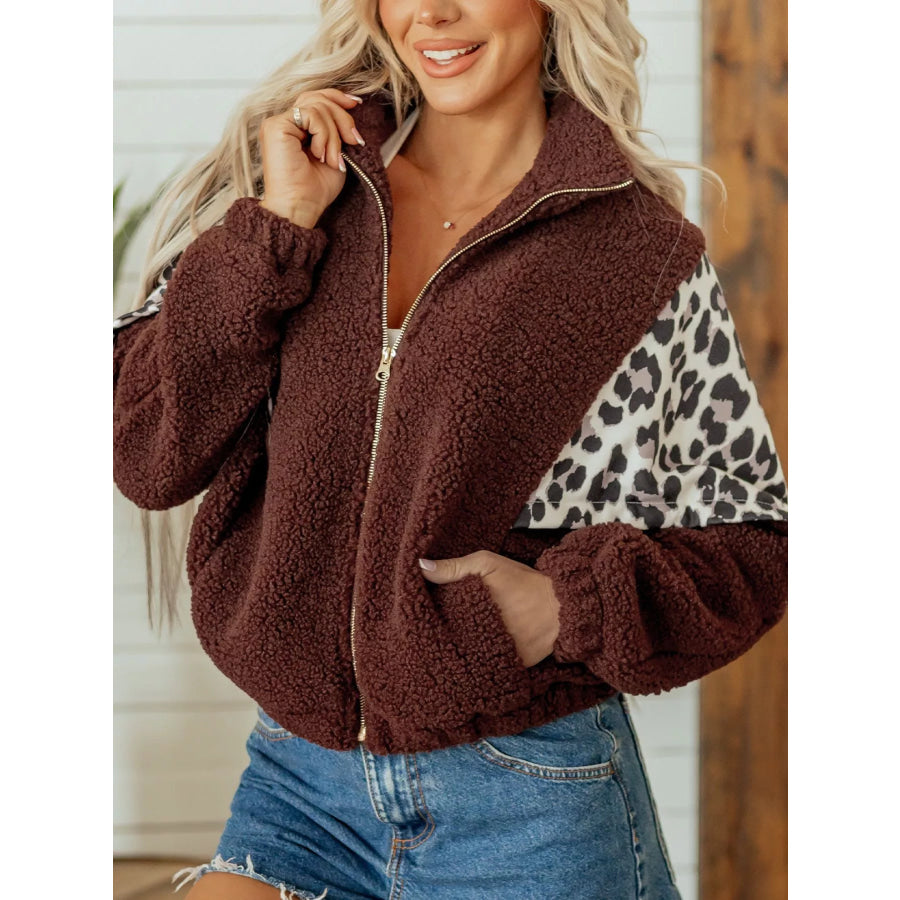 Leopard Patchwork Fleece Western Style Zip-up Collar Jacket Brown / S Apparel and Accessories