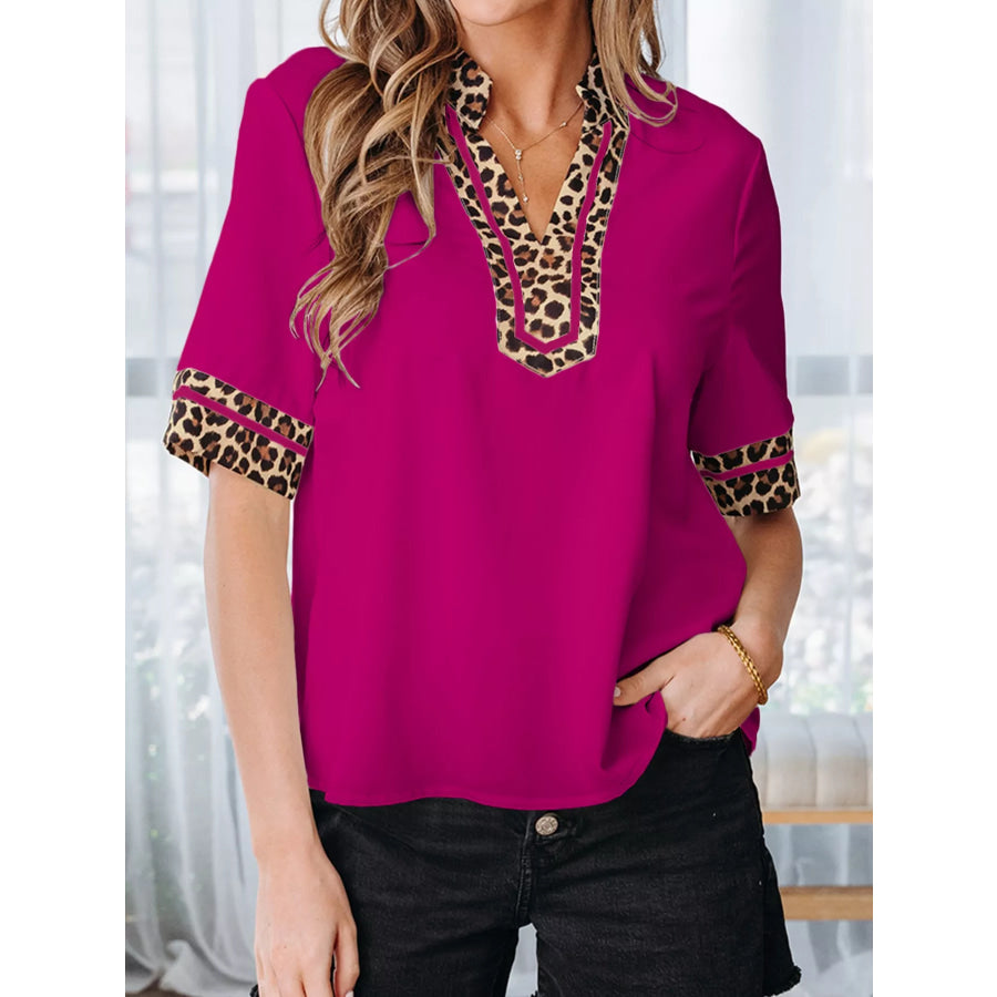 Leopard Patchwork Trim Split Neck Short Sleeve Blouse Apparel and Accessories